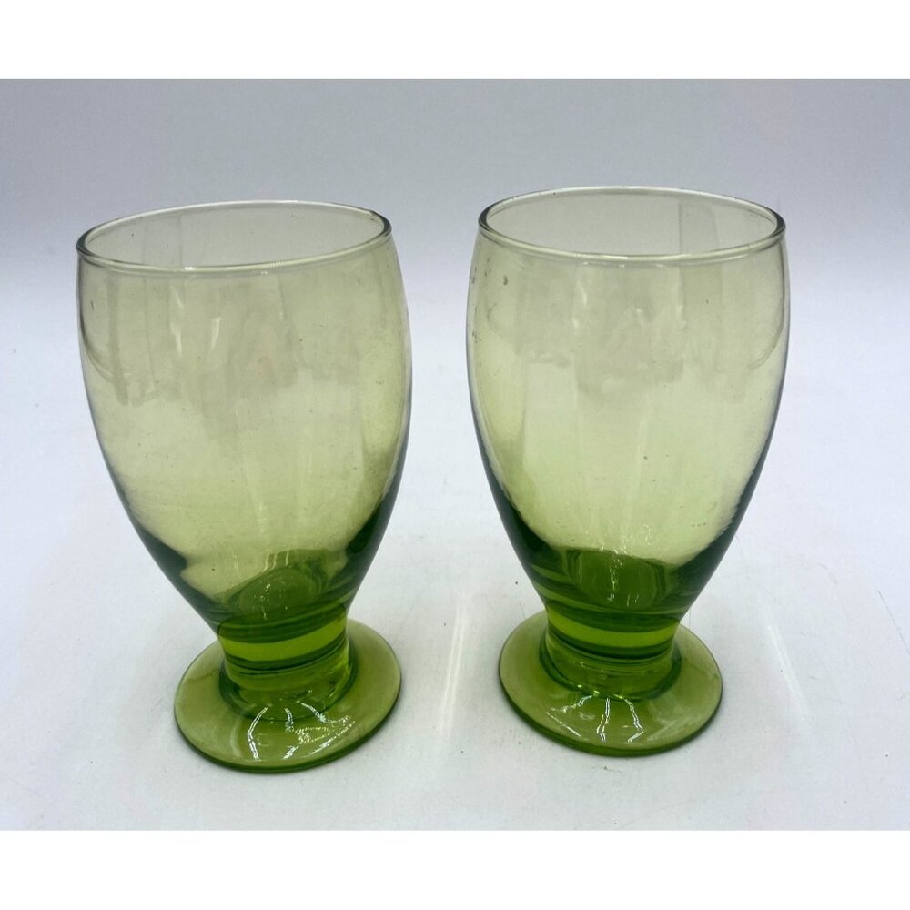 2 Vintage Mid Century Modern Olive Green Drink Wine Goblets 12 ounces